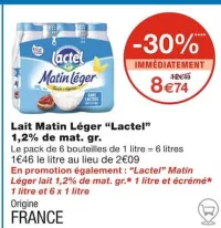 Monoprix Lait Matin Léger 1,2% de mat. gr Offres et Promotions