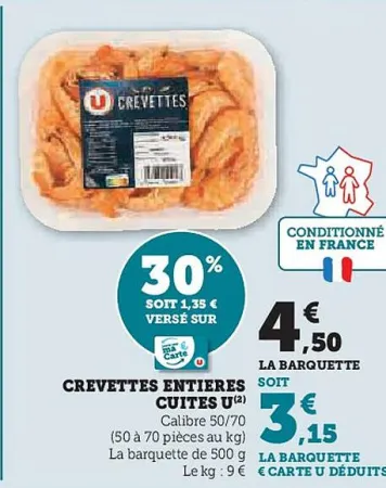 U Express Crevettes entieres cuites u 500 g Offres et Promotions