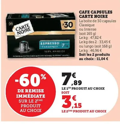 Hyper U CARTE NOIRE Cafe capsules 165 g Offres et Promotions