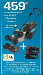 Castorama Pack tondeuse poussée + 2 batteries 18 V/5 Ah (36 V) +1 chargeur double Offres et Promotions