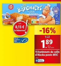 Lidl Ocean Sea 15 batônnets de colin d’Alaska panés MSC Offres et Promotions