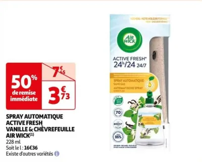 Auchan Hypermarché Spray Automatique Active Fresh Vanille & Chèvrefeuille Air Wick Offres et Promotions