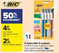 Carrefour 4 stylos-bille 4 couleurs Offres et Promotions