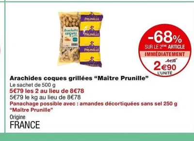 Monoprix Arachides coques grillées "Maître Prunille" 500 g Offres et Promotions