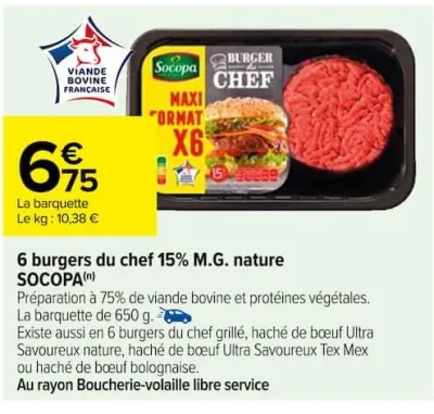 Carrefour 6 burgers du chef 15% M.G. nature SOCOPA Offres et Promotions