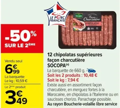 Carrefour 12 chipolatas supérieures façon charcutière SOCOPA Offres et Promotions