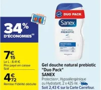 Carrefour Gel douche natural prebiotic "Duo Pack" Offres et Promotions