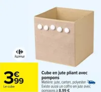 Carrefour Cube en jute pliant avec pompons Offres et Promotions