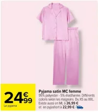 Carrefour Pyjama satin MC femme Offres et Promotions