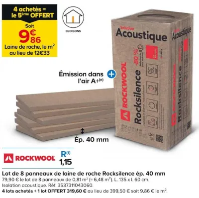 Castorama Lot de 8 panneaux de laine de roche Rocksilence ép. 40 mm Offres et Promotions