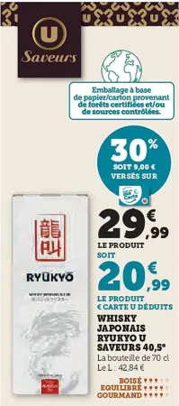 U Express U SAVEURS Whisky japonais ryukyo  40,5° Offres et Promotions