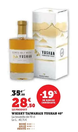 U Express YUSHAN Whisky taiwanais  40° 70 cl Offres et Promotions