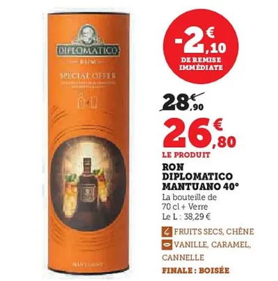 U Express DIPLOMATICO Ron mantuano 40° 70 cl Offres et Promotions