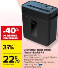 Carrefour Destructeur coupe croisée niveau sécurité P-4 Offres et Promotions