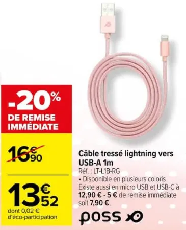 Carrefour Câble tressé lightning vers USB-A 1m Offres et Promotions