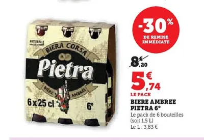 Hyper U PIETRA Biere ambree 6° 1,5 l Offres et Promotions