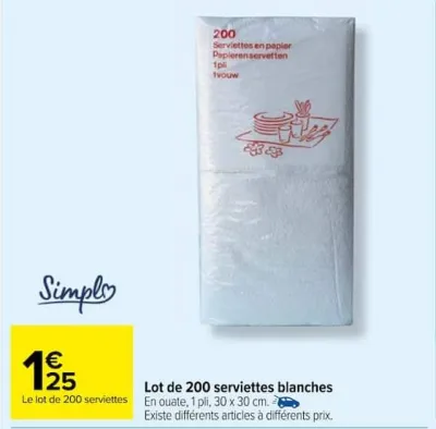 Carrefour Market Lot de 200 serviettes blanches Offres et Promotions