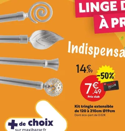 Maxi Bazar Kit tringle extensible de 120 à 210cm Ø19cm Offres et Promotions