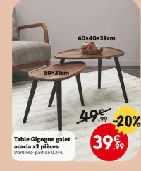 Maxi Bazar Table Gigogne galet acacia x2 pièces Offres et Promotions