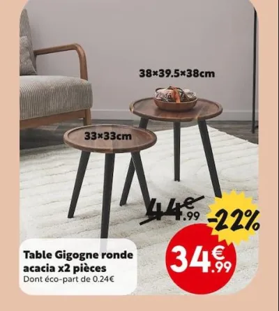 Maxi Bazar Table Gigogne ronde acacia x2 pièces Offres et Promotions