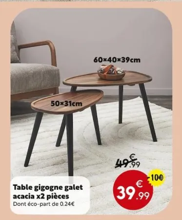 Maxi Bazar Table gigogne galet acacia x2 pièces Offres et Promotions