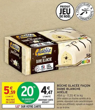 Intermarché ADELIE Bûche glacée façon dame blanche 484 g Offres et Promotions