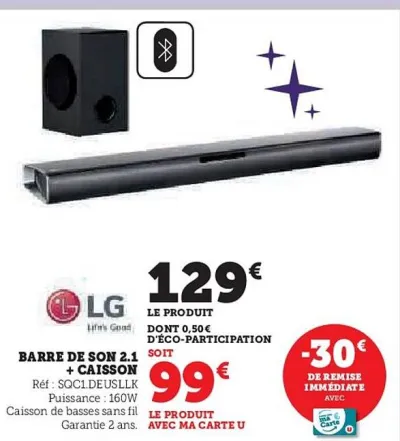 Hyper U BARRE DE SON 2.1 + CAISSON Offres et Promotions