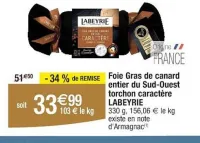 Cora LABEYRIE Foie Gras de canard entier du Sud-Ouest torchon caractère 330 g Offres et Promotions