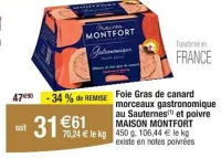 Cora MAISON MONTFORT Foie Gras de canard morceaux gastronomique au Sauternes et poivre 450 g Offres et Promotions