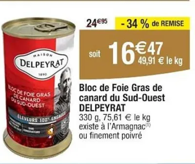 Cora DELPEYRAT Bloc de Foie Gras de canard du Sud-Ouest 330 g Offres et Promotions