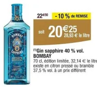 Cora BOMBAY Gin sapphire 40 % vol. 70 cl Offres et Promotions