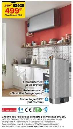 Castorama Chauffe-eau électrique connecté plat Velis Evo Dry 80L Offres et Promotions