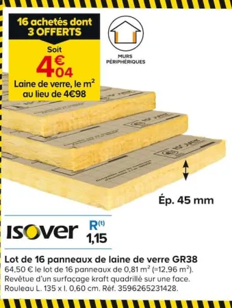 Castorama Lot de 16 panneaux de laine de verre GR38 Offres et Promotions