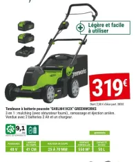 Gamm vert Tondeuse à batterie poussée "G48LM41K2X" GREENWORKS Offres et Promotions