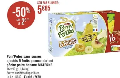 Casino Supermarchés Pom’Potes sans sucres ajoutés 5 fruits pomme abricot pêche poire banane Offres et Promotions