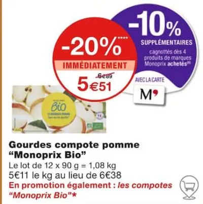 Monoprix Gourdes compote pomme Offres et Promotions