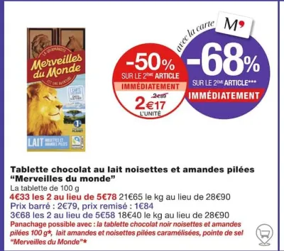Monoprix Tablette chocolat au lait noisettes et amandes pilées Offres et Promotions